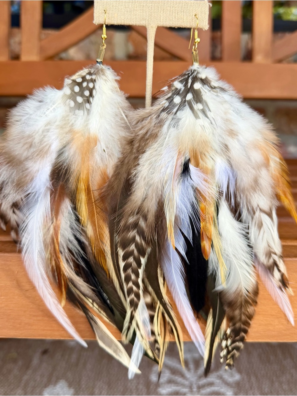 Hand Crafted Multi-Feather Earrings in Brown, White & Gold